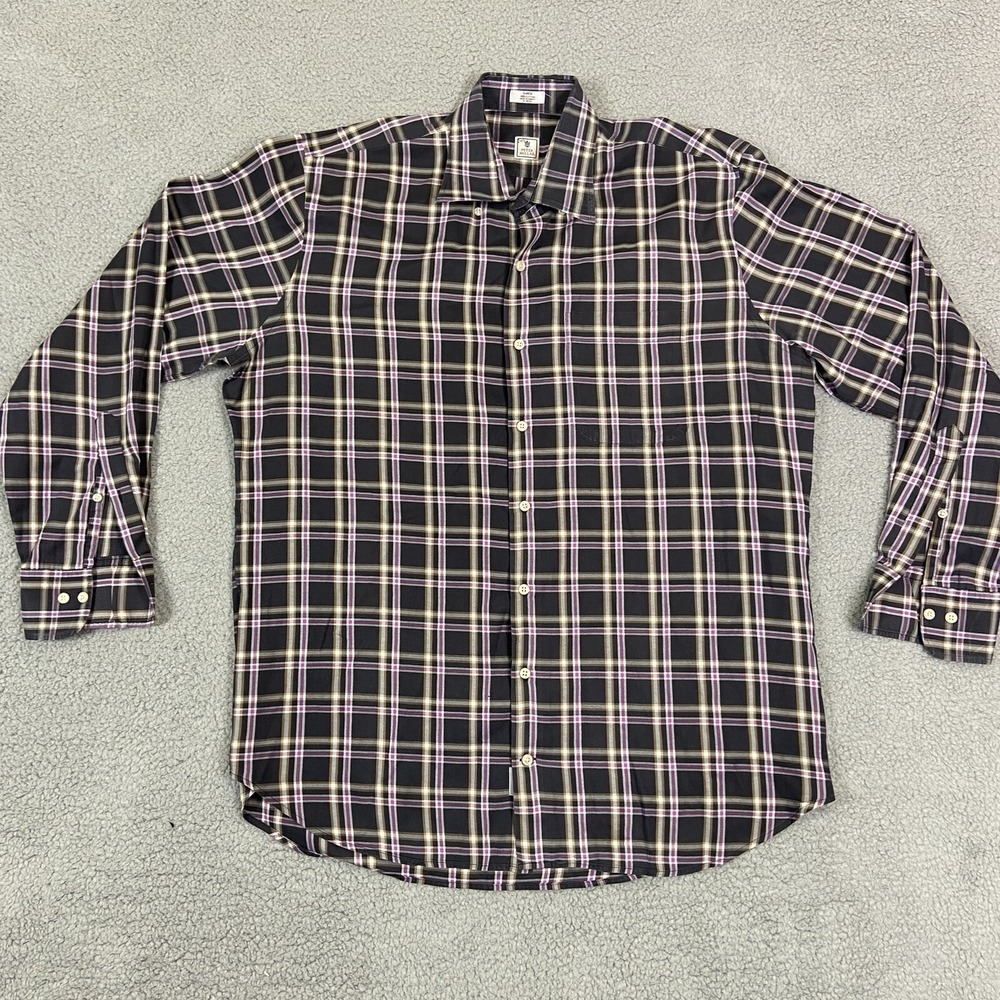 Peter Millar Mens Large Black Purple Plaid Cotton Long Sleeve Button Down Shirt